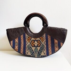 Vintage leather wood boho purse bag large structured embroidered patterned brown